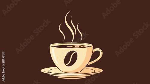 Inviting illustration of a steaming hot cup of coffee, elegantly designed with a prominent coffee bean logo on the mug, resting on a saucer, set against a rich brown background.
