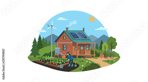 Quadro su tela Sustainable Eco-Friendly Cabin with Solar Panels and Wind Turbine