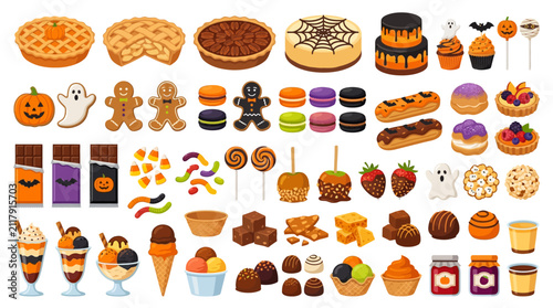 Canvastavla A comprehensive collection of various Halloween-themed desserts and sweets is neatly arranged against a clean white background, showcasing an assortment of festive treats