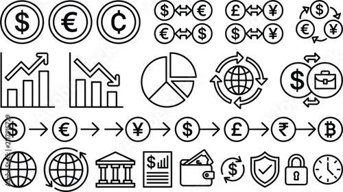 Konstfotografi Global Currency Exchange and Banking Outline Icon Set for Financial Dashboard In