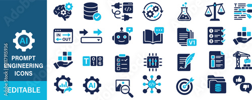Prompt Engineering Icon Set Featuring Ai Automation Data Testing Workflow And Machine Learning Development Symbols Together