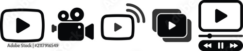 Photography Video Player, Live Streaming, Media Playback and Multimedia Control Icons Vector