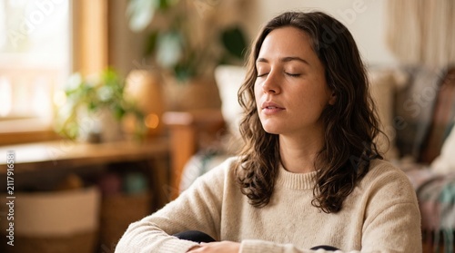 Inner Peace Found: A woman with her eyes closed finds serenity in meditation, embodying a moment of tranquil reflection and self-discovery.