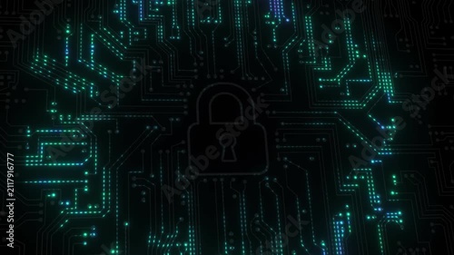 Futuristic Circuit Board with Digital Lock Security Loop Animation 4K
