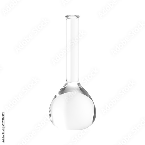 Clear glass laboratory flask with a round bottom and long neck