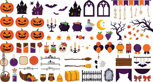 A comprehensive assortment of Halloween-themed illustrations, featuring jack-o'-lanterns, haunted houses, bats, witches' hats, candies, and various gothic decorations, is displayed on a white.