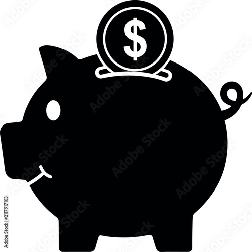 Piggy bank vector icon with dollar coin being deposited for money savings and financial planning concept