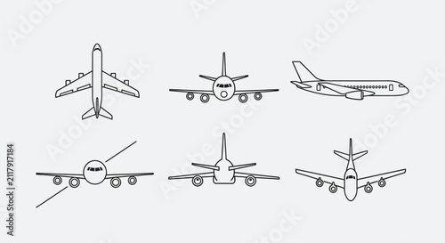 Set of six airplane vector illustrations showing aircraft from top side and front view angles for travel