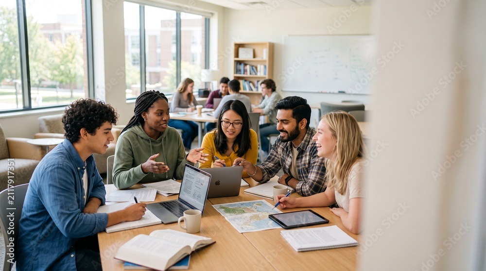 Fototapeta premium Diverse students collaborating in a modern classroom setting, engaging in a group study session with laptops and books spread across a table, illuminated by natural light