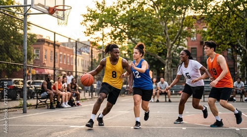 Urban Hoops Showdown: Young athletes engage in a dynamic game of basketball on an outdoor court, showcasing their skills and competitive spirit amidst a vibrant cityscape.