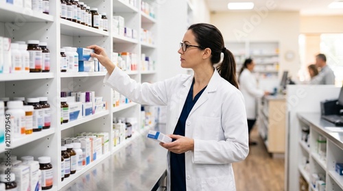 Pharmacist Assisting Customer: A knowledgeable female pharmacist in a white coat carefully selects medication from a shelf, assisting a customer in a well-stocked pharmacy.