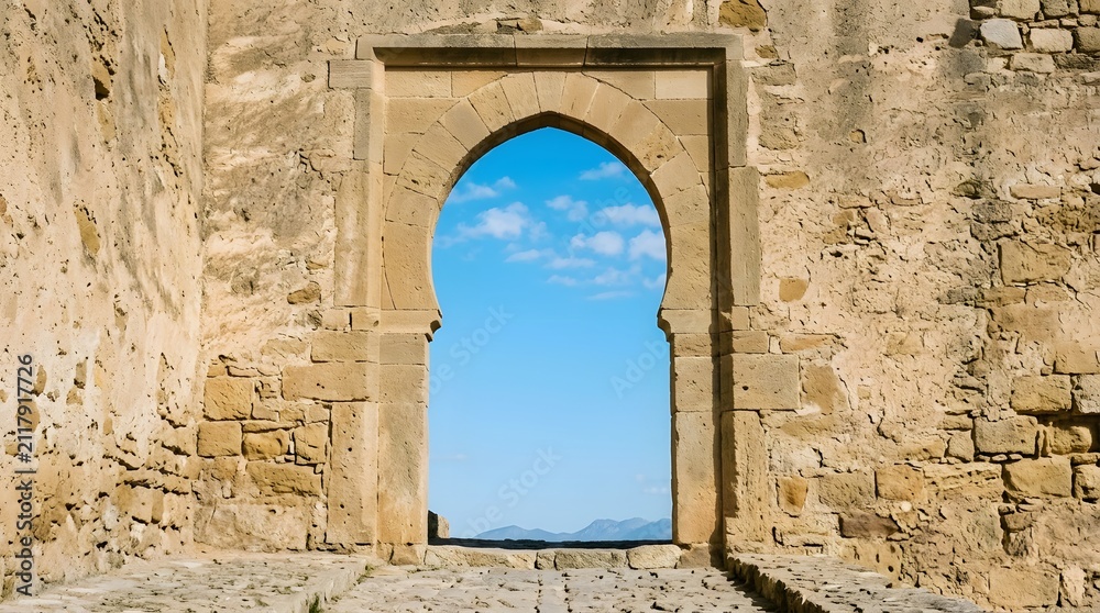 Fototapeta premium Historic Moorish Stone Horseshoe Archway Framing Bright Blue Sky And Mountains