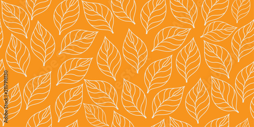 Картината върху платно Seamless orange leaf pattern background with autumn leaves white foliage outline line art for thanksgiving textile design