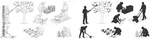 Foto Set of agricultural workers performing farming and gardening tasks in outline an