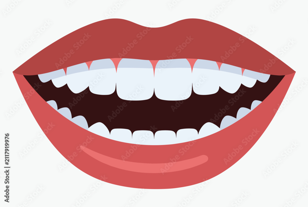 Fototapeta premium Beautiful healthy smile with bright white teeth and perfectly shaped red lips shown on a clean light grey background.