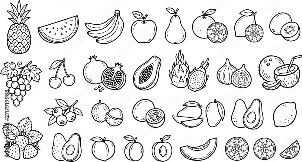 Obraz premium Minimalist Hand Drawn Fresh Fruits Fine Line Art Icon Collection Vector Set Featuring a Massive Grid Layout of Twenty Six Black Outline Varieties for E-commerce Menus and Coloring Books