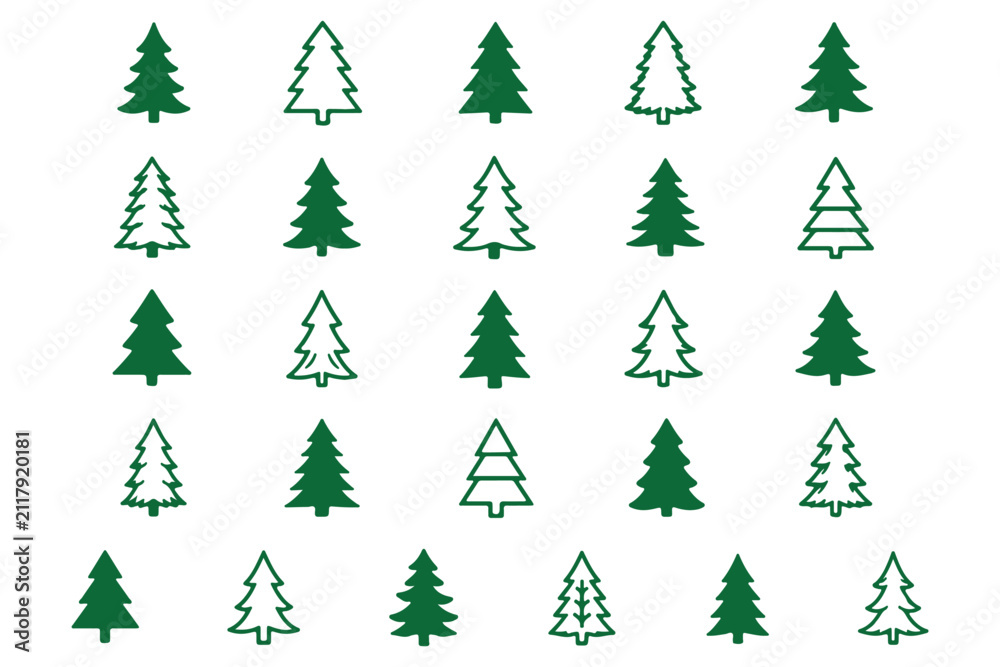 Fototapeta premium Minimalist black pine tree silhouette vector icon set featuring geometric winter forest fir shapes and clean linear spruce stencils isolated on a solid white background