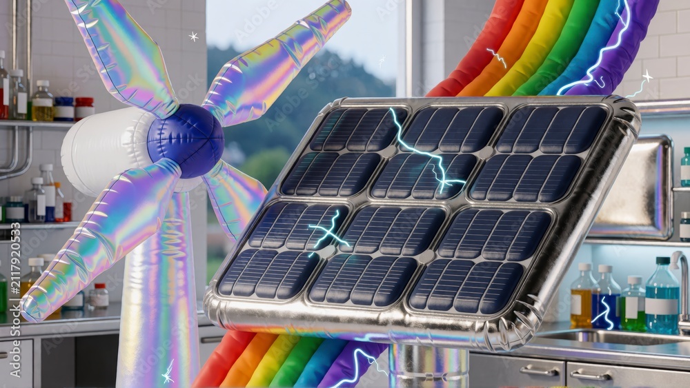 Obraz premium Renewable energy concept with solar panel and wind turbine. Green power innovation.