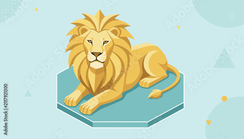 Foto Majestic golden lion lying down calmly on a blue octagonal platform with abstract shapes in the background vector