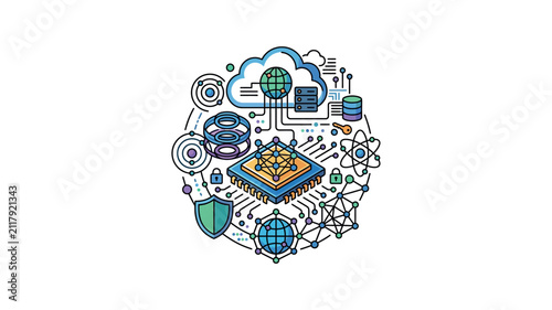Digital technological infrastructure graphic featuring a central processor chip connected to a cloud network data storage units and cybersecurity symbols in a circular arrangement.