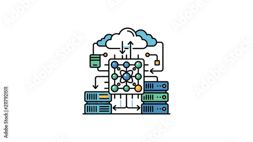 An abstract vector illustration depicting complex data processing with server racks neural networks and cloud computing infrastructure.