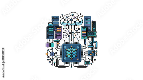 An intricate illustration of a centralized microprocessor connected to cloud networks and data servers symbolizing artificial intelligence and advanced computing architecture.