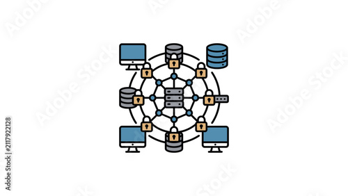 An illustration representing a secure blockchain network with interconnected nodes servers and databases.