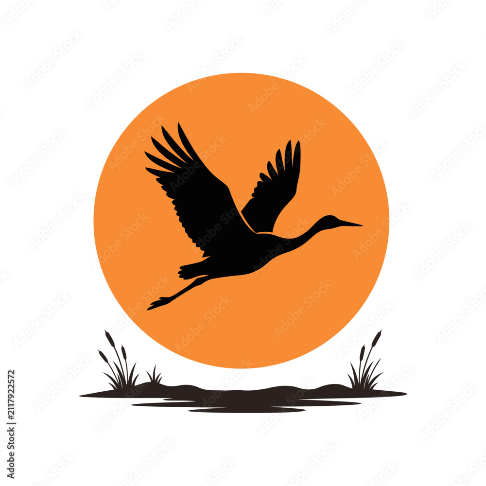 Naklejka premium Minimalist flying bird silhouette vector art featuring a stork or heron soaring across an orange sunset sun with swamp grass for wildlife preservation logo, poster, or t-shirt print design