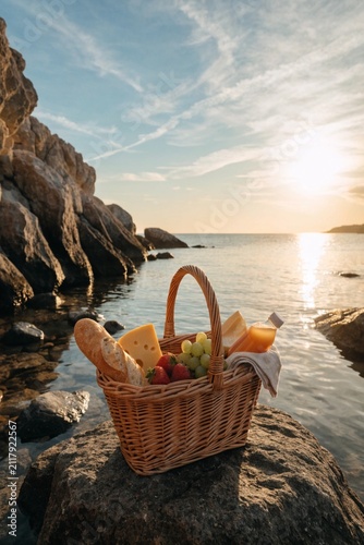 Wicker basket with tasty food (cheese, bread and fruits) and juice for romantic picnic near sea at sunset 