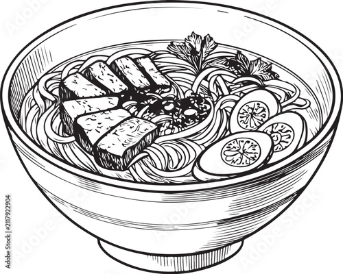 Taiwanese beef noodle soup Hand-drawn Sketch Drawing Vector Illustration, Line Linear Symbol Black and White Engraving, Isolated