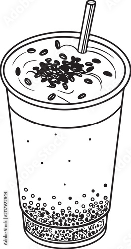 Black sesame latte Hand-drawn Sketch Drawing Vector Illustration, Line Linear Symbol Black and White Engraving, Isolated