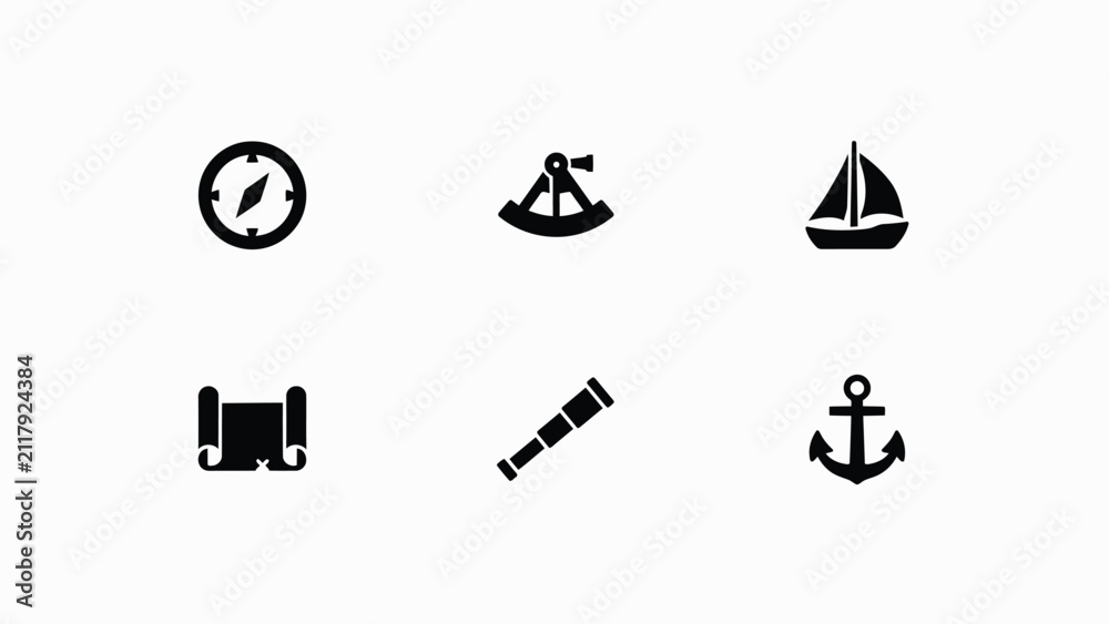 Fototapeta premium Minimalist flat vector icons set with depicting maritime navigation navigation themed symbols symbols arranged neatly displays clean high with black white vector