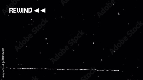 VHS Camcorder Rewind Interface Overlay with Glitch Effect on Top Left Corner. 4K Video