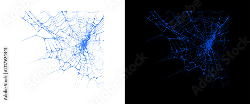 Glow-in-the-dark blue spiderweb illustration, spooky Halloween corner cobweb design, neon blue spider web graphic on black and white backgrounds