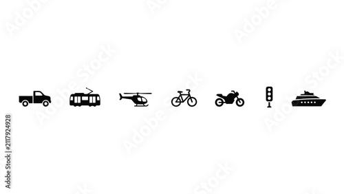 Minimalist black icons set with high contrast collection six stylized icons representing different modes transportation parking symbol flat displays clean high