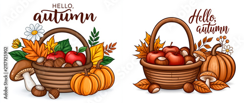 Beautiful sticker basket, pumpkin, apples, mushrooms and autumn leaves isolated on white background