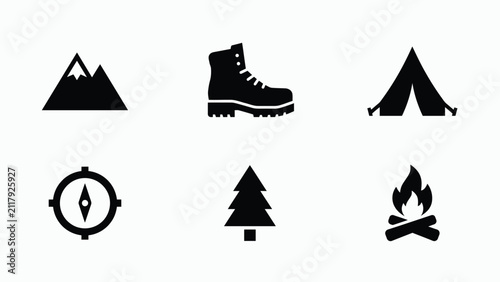 Bild auf Leinwand Minimalist black flat icons with campfire arranged grid against clean white back