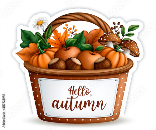 Beautiful sticker basket, pumpkin, apples, mushrooms and autumn leaves isolated on white background