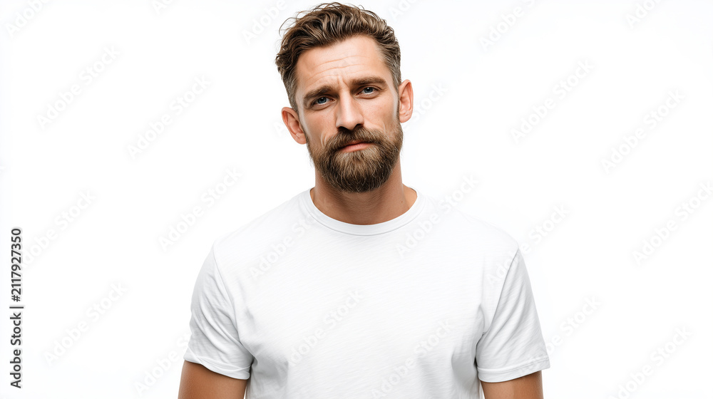 Obraz premium Handsome Young Man in White T-Shirt Standing and Smiling Confidently in Studio, Casual Fashion Portrait of Muscular Male Model with Lifestyle Style and Strong Expression