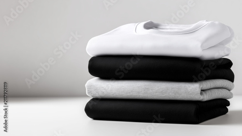 Colorful Folded Clothes Stack Isolated on White Background with Cotton Fabric, Clean Laundry Pile of Shirts, Towels, Jeans and Textile Garments