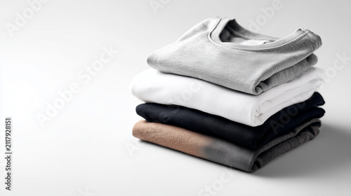 Colorful Folded Clothes Stack Isolated on White Background with Cotton Fabric, Clean Laundry Pile of Shirts, Towels, Jeans and Textile Garments