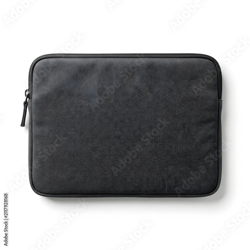 Modern black laptop sleeve case with textured fabric and zipper, isolated on white background. Digital device protection accessory.