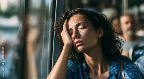 A tired woman rests against a bus window on a sweltering day. A perspiring public transit passenger commuting through a bustling city