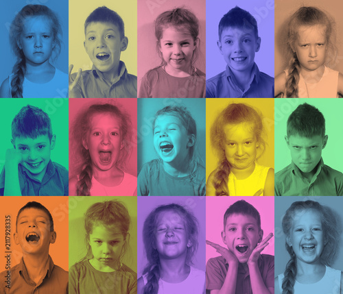 The collage of girls and boy with different emotions with duoton