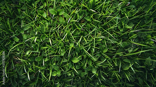 A vibrant close up view of fresh green grass and clover growing together in a healthy lawn.