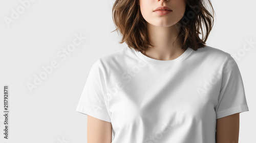 Young Brunette Woman in White T Shirt Smiling Confidently in Studio Portrait for Beauty Fashion and Business Lifestyle Concept