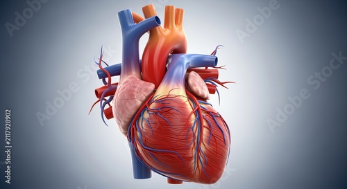 Heart organ displays intricate red and blue vascular textures against a soft, clean, neutral gradient background.
