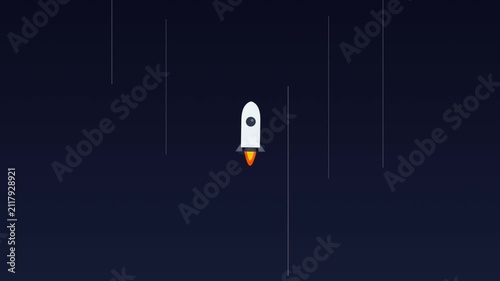 Minimalist rocket ship flying upward against a dark background sky