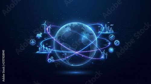 Digital earth globe surrounded by orbital icons depicts global.