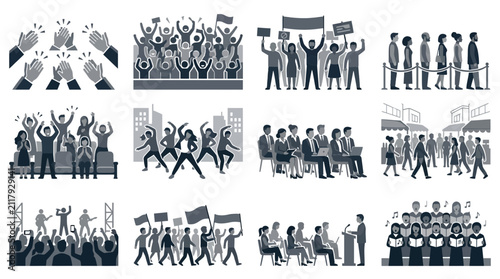 Collection of Monochrome Illustrations Featuring Various Groups of People in Different Social and Public Gatherings